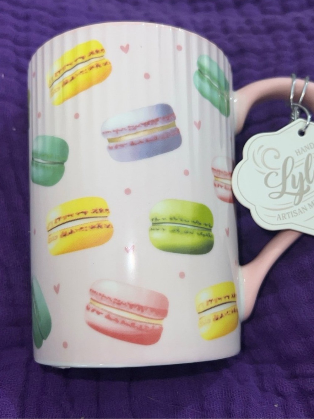 NWT LYLAH HAND CRAFTED ARTISAN MUG WITH WATERCOLOR-STYLE FRENCH MACARON DESIGN